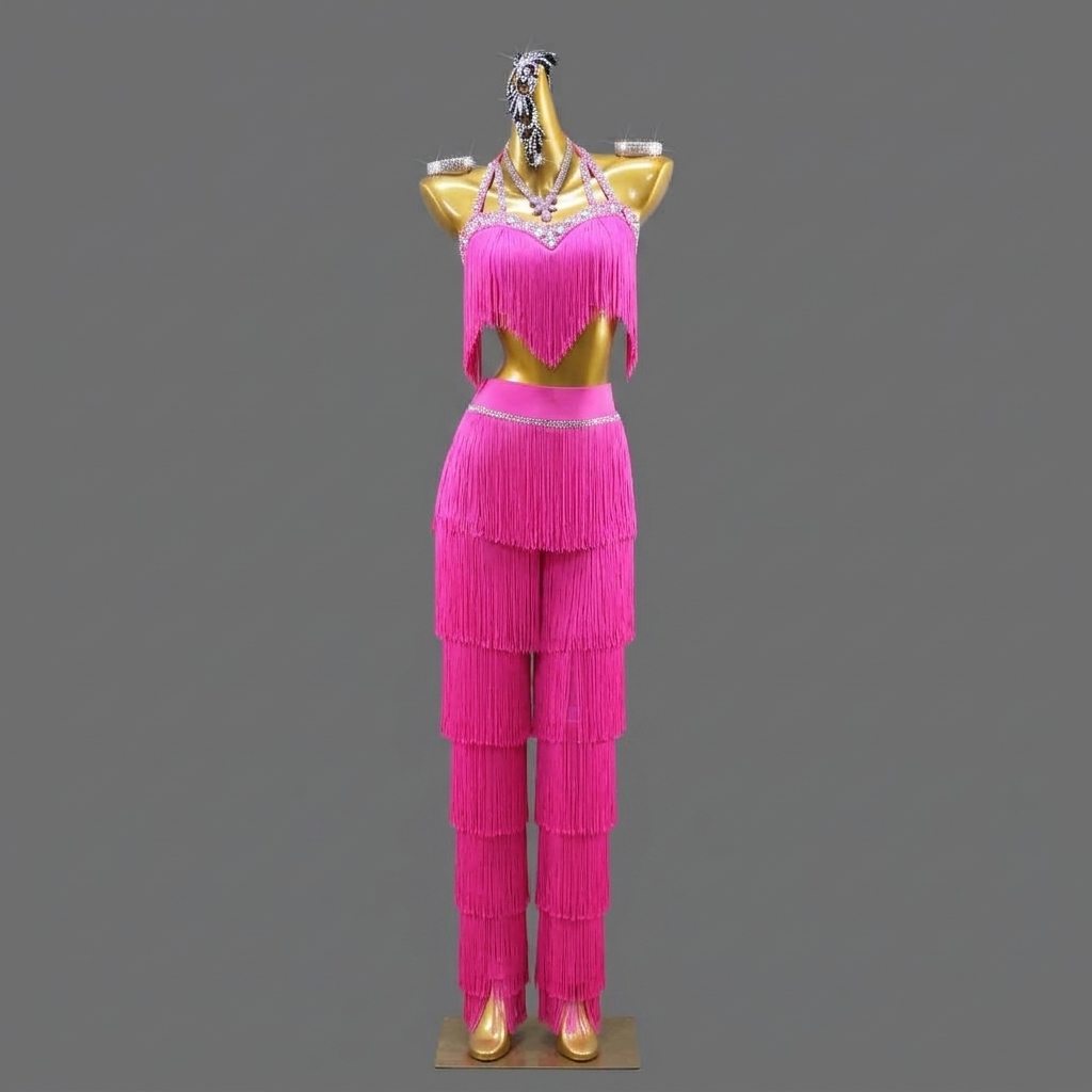 Kids Hot Pink Latin Dance Pants Set Girls Two-Piece Fringe Competition Suit