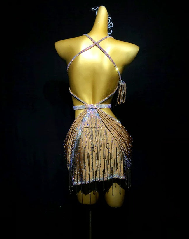 Custom Size Gold Bead Tube Fringe Competition Latin Dance Dress Blackpool Salsa Chacha Perform Clothing
