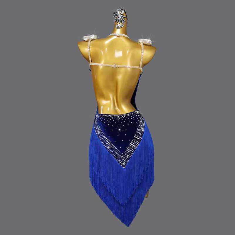 Royal Blue Competition Latin Dance Dresses  for Women Girls Velvet Salsa Rumba Chacha Performance Dress - Moderndancedress.com