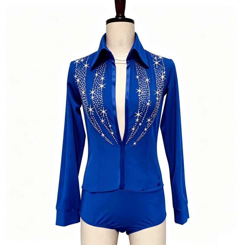 Custom Size Competition Black Fuchsia Latin Ballroom Danec Shirt Long-sleeved Elastic Mesh Back