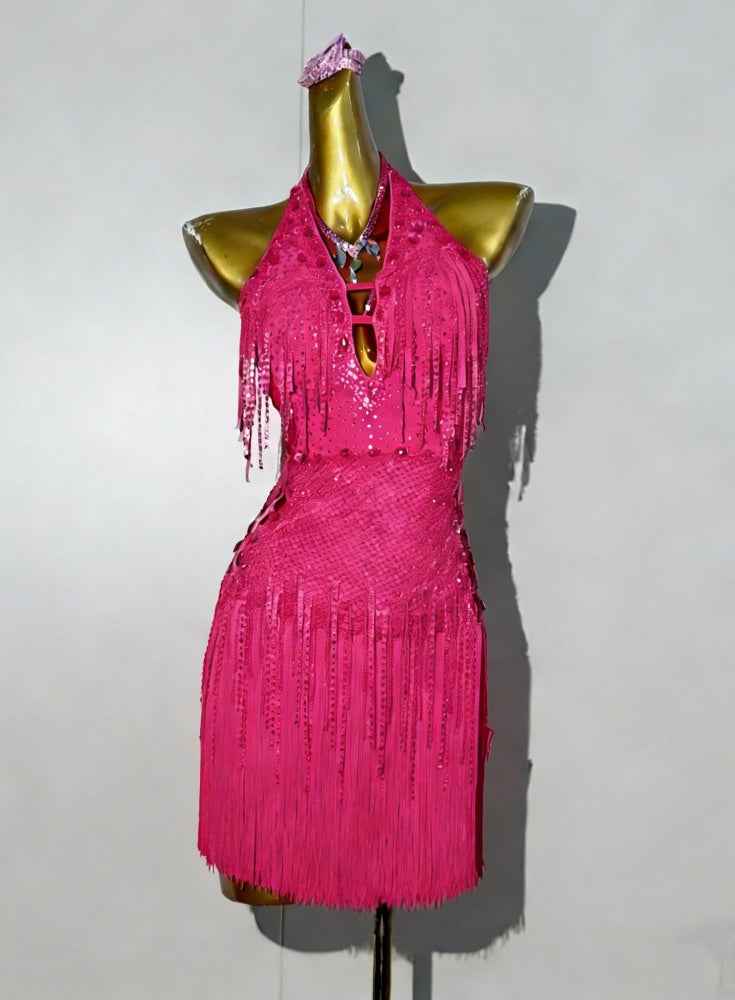 Custom Size Hot Pink Latin Dance Dress for Women Professional Competition Performance Outfit with Tassels