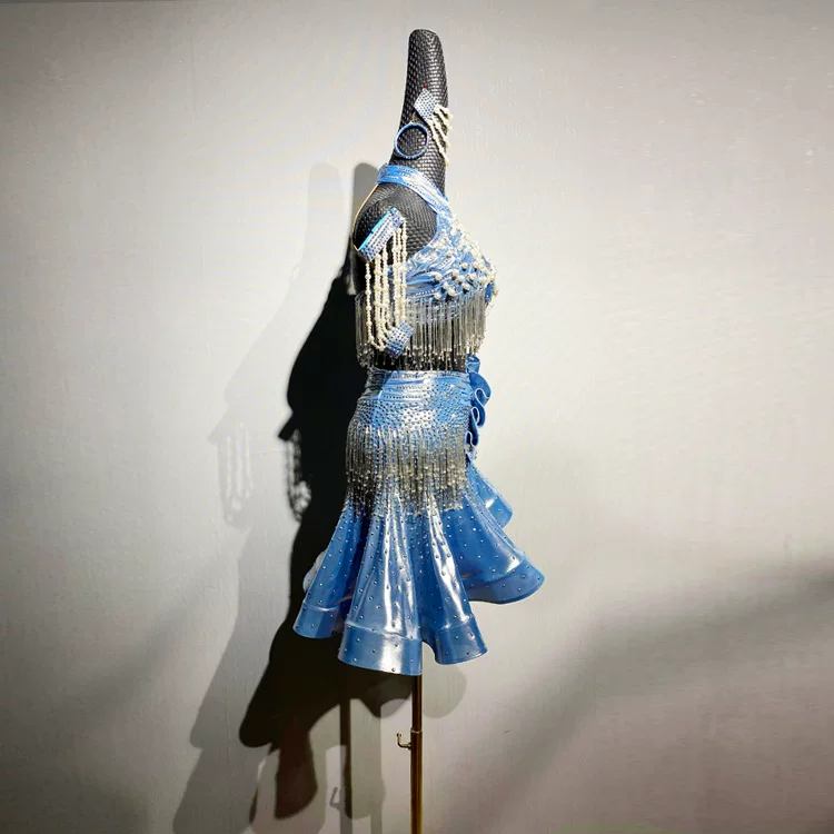 Custom Metallic Blue Latin Performance Dress - Ruffle Skirt & Beaded Fringe Ballroom Wear