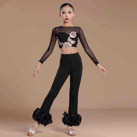 Girls Latin Ballroom Dance Costume Kids Jazz Dance Black Flared Pants Practice Sets Juvenile Salsa Chacha Latin Performance Outfits - Moderndancedress.com