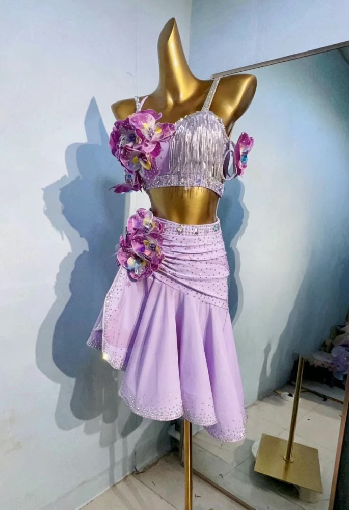 Custom Size Lavender 3D Floral Latin Dance Dress Hand-Made Rhinestone Salsa Dress for Professional Dancers