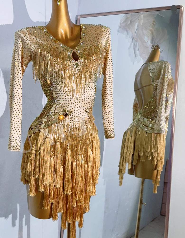 Custom Size Gold Fringe Competition Latin Dance Dresses for Women Girls Salsa Rumba Chacha Latin Dance Costumes