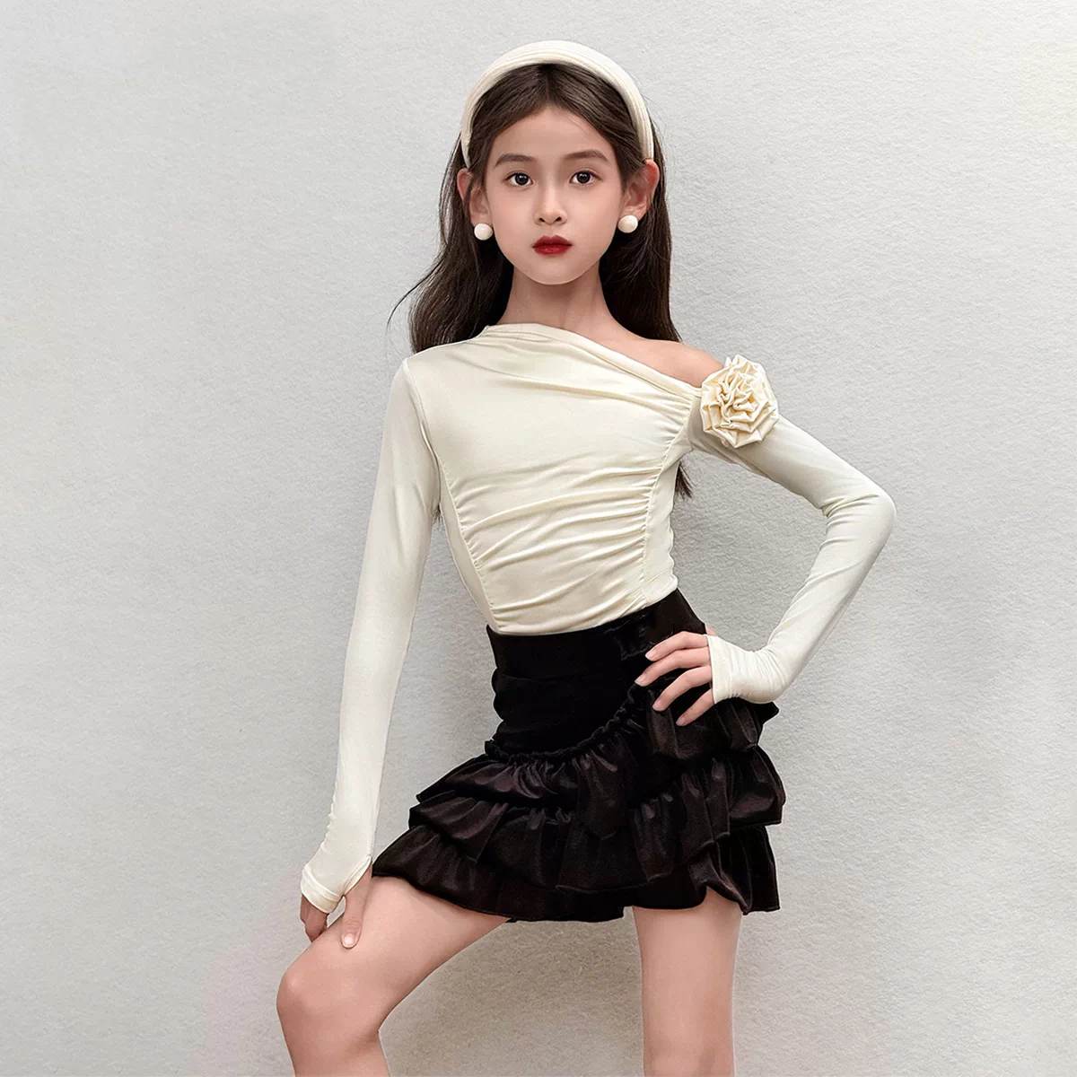 Girls Latin Dance Costume | Ruched One-Shoulder Salsa Dress Set