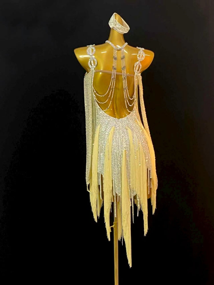 Custom Size Light Yellow Latin Dance Dresses for Women Girls Salsa Rumba Chacha Dancing Costumes
