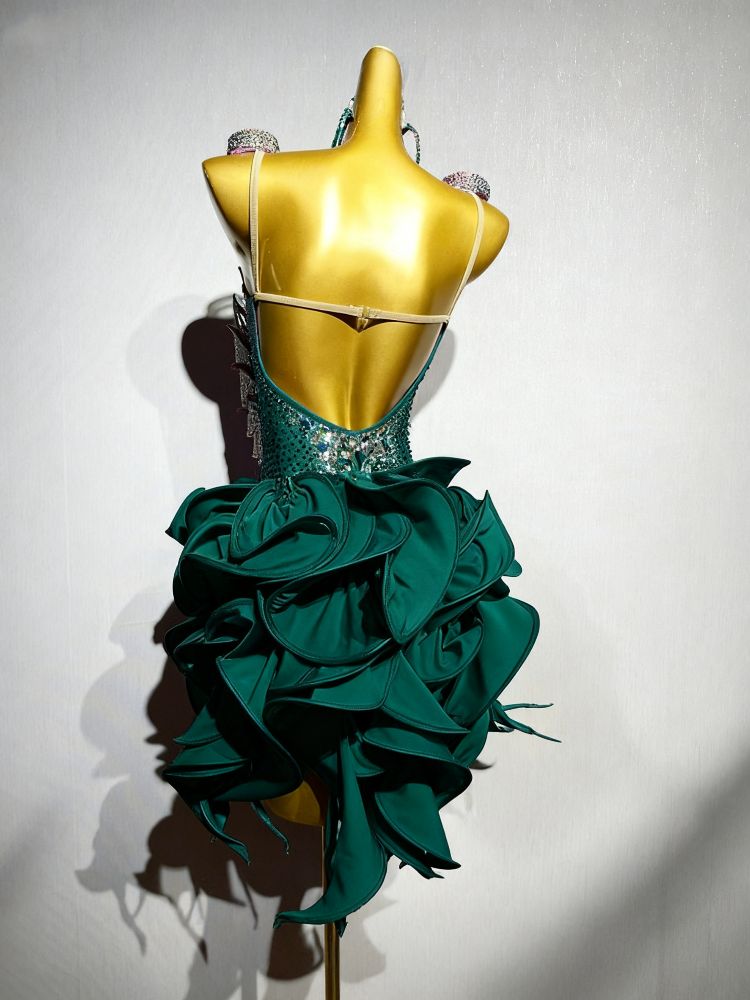 Custom Size Petals Competition Latin Dance Dresses Dark Geen Blue Salsa Rumba Chacha Blackpool Performance Costumes
