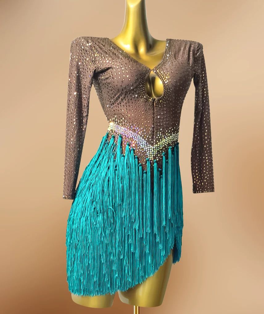 Custom Brown & Neon Yellow Latin Dance Dress Long Sleeve Salsa Gown
