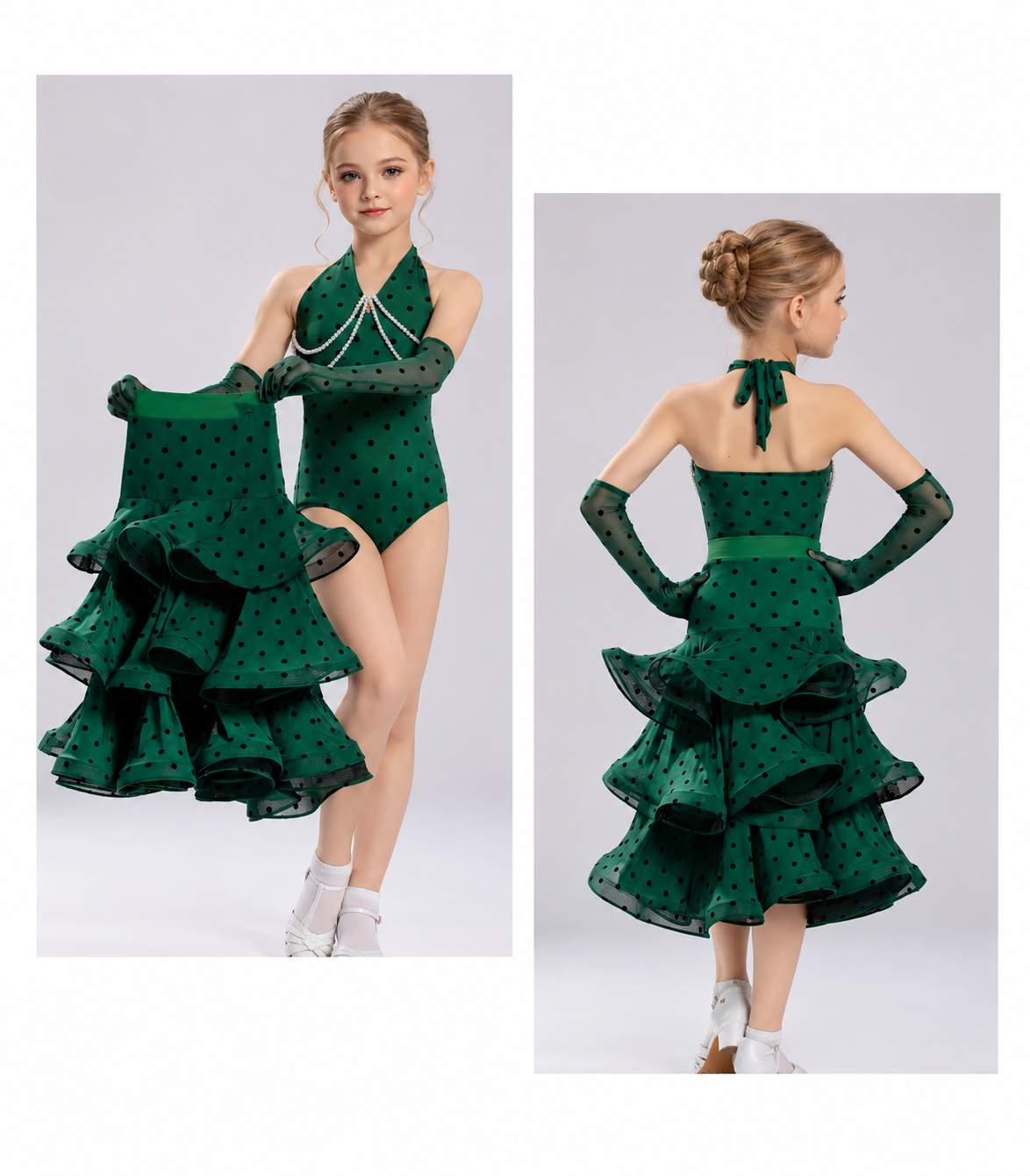Girls Ballroom Dance Dress - Kids Emerald Green Polka Dot Waltz Tango Gown