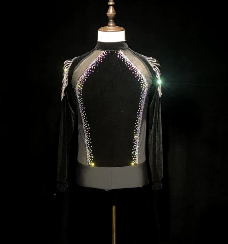 Custom Men Juvenile Latin Dance Shirt Mesh Back & Rhinestone Waltz Foxtrot  Body Top