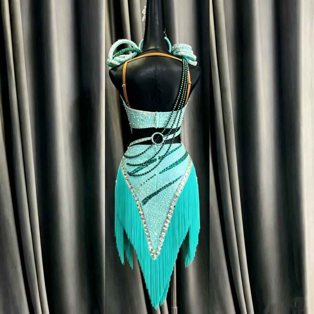 Custom Turquoise Custom Latin Dress Shiny Rhinestone Petal with Asymmetrical Fringe Skirt