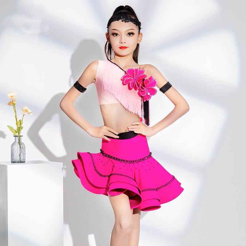 Girls Latin Dance Dress Pink Fringe Salsa Rumba Chacha Latin Stage Performance Costumes for Kids