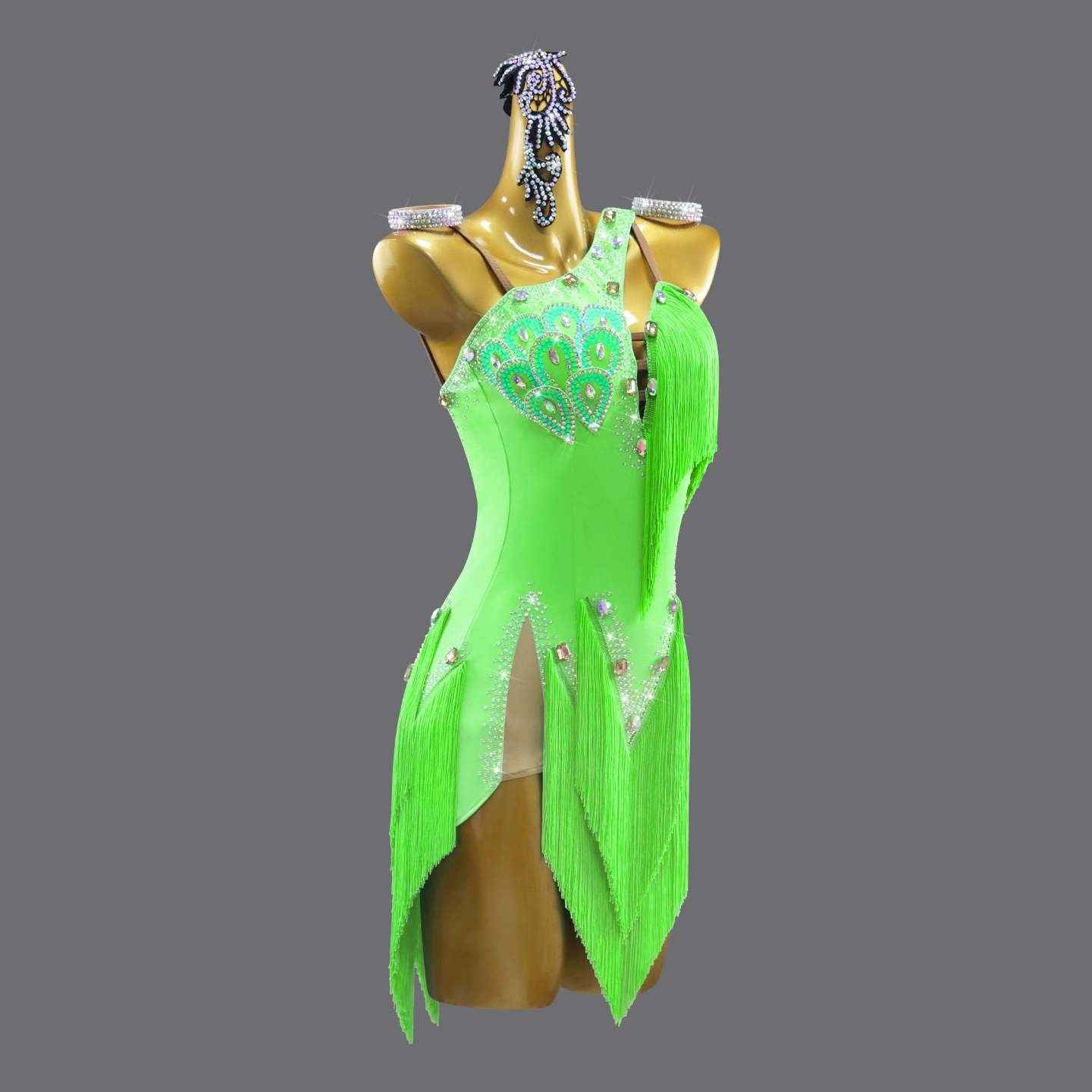 Custom Size Latin Dance Dresses for Girls Kids Slant Neck Green Salsa Rumba Chacha Latin Dance Costumes