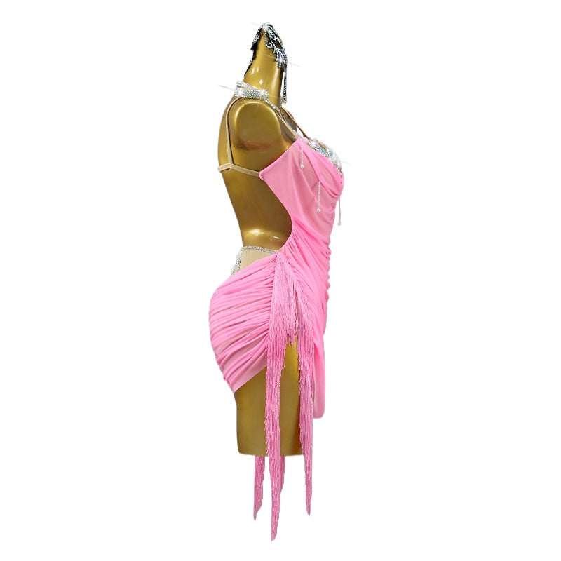 Pink Fringe Competition Latin Dance Dresses for Women Girls Perfo Salsa Rumba Chacha Perrmance Flowy Skirts