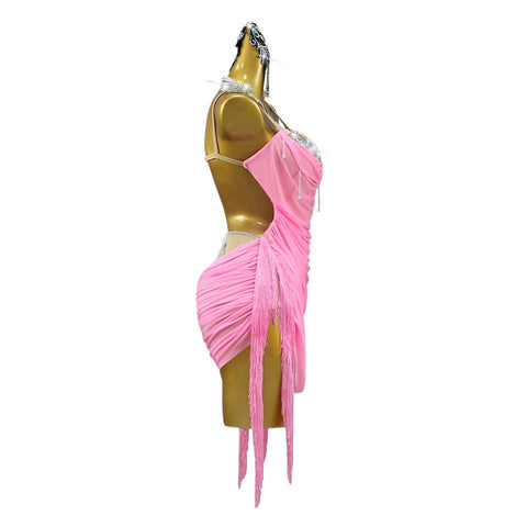Pink Fringe Competition Latin Dance Dresses for Women Girls Perfo Salsa Rumba Chacha Perrmance Flowy Skirts