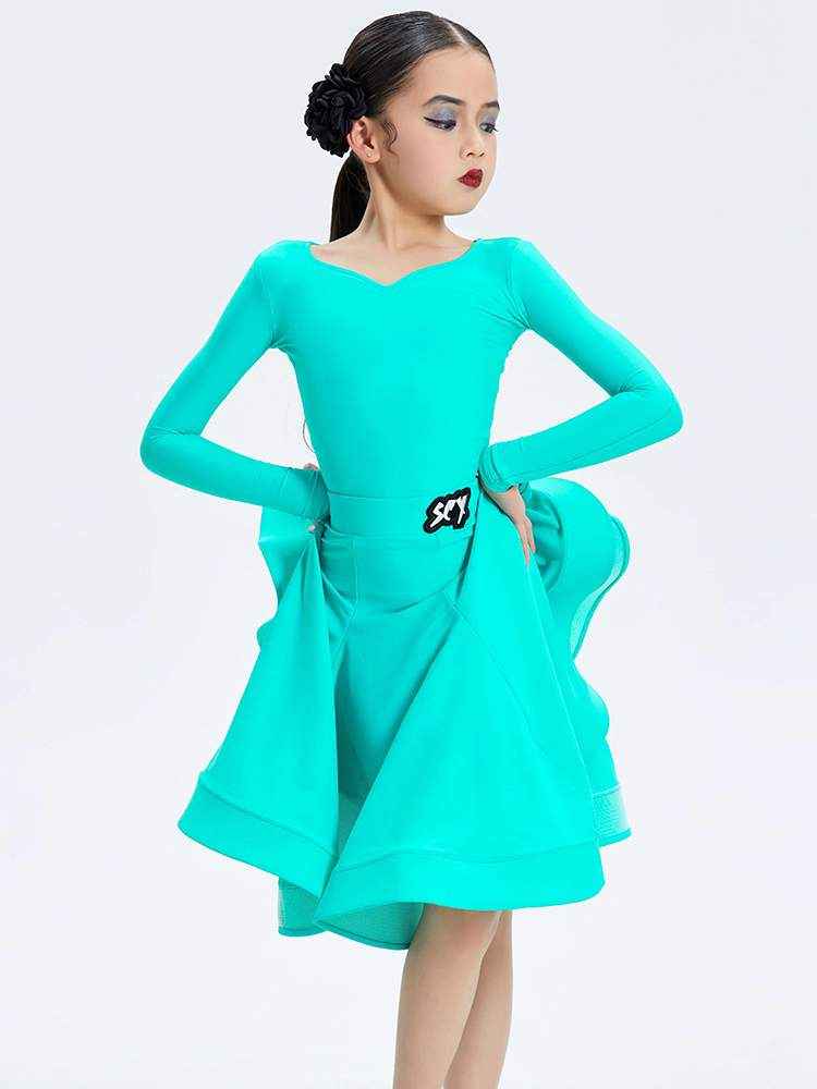 Girls Latin Dance Dresses Children Turquoise Ballroom Latin Regulations Competition Costume for Kids