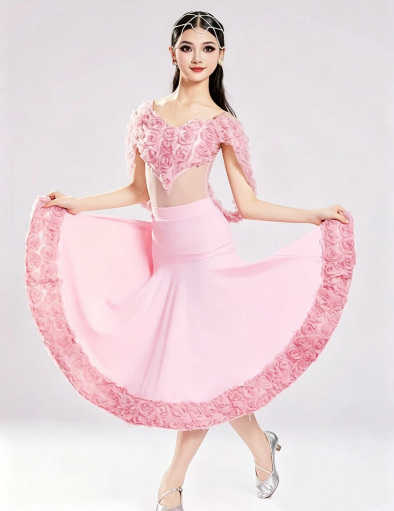 Girls Ballroom Dance Dress 3D Rose Flowers Pink White Waltz Tango Stage Performance Gown