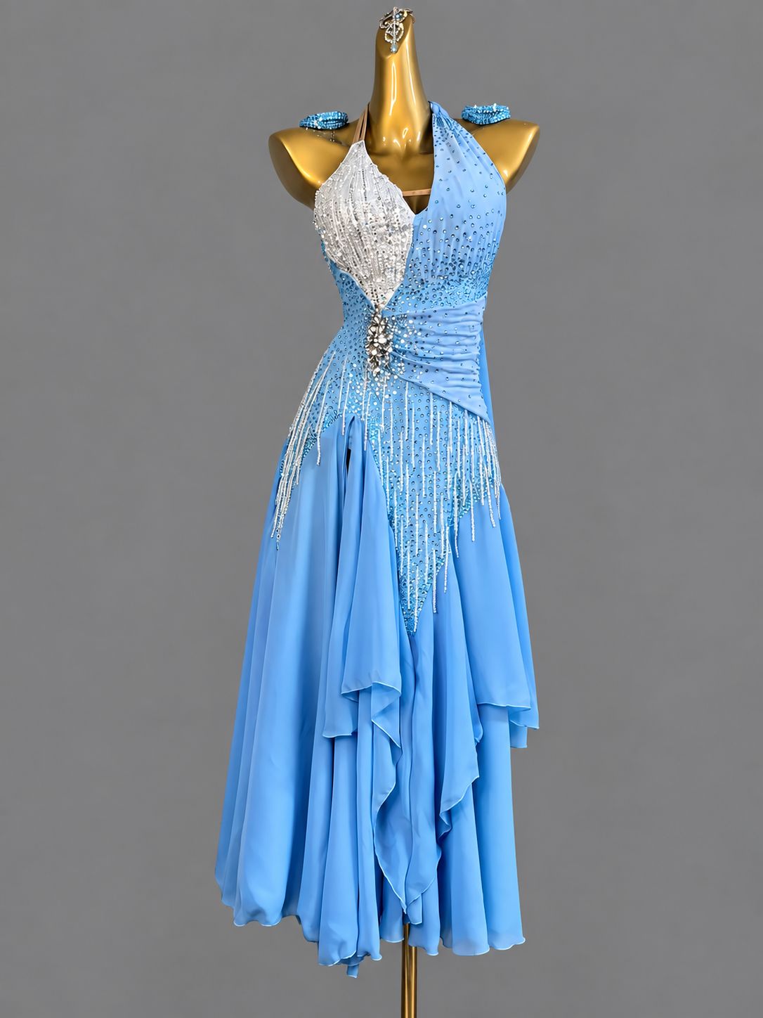 Custom American Smooth Dress Blue Pink Halter Neck Ballroom Dance Gown