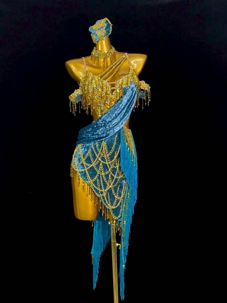 Custom Size Turquoise Competition Women Latin Dance Dresses Salsa Rumba Chacha Dance Costumes Irregular Skirts