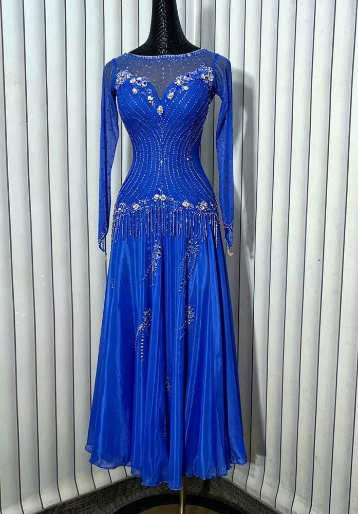Custom Blue Rhinestone American Smooth Dance Dress Ballroom Waltz Performance Gown