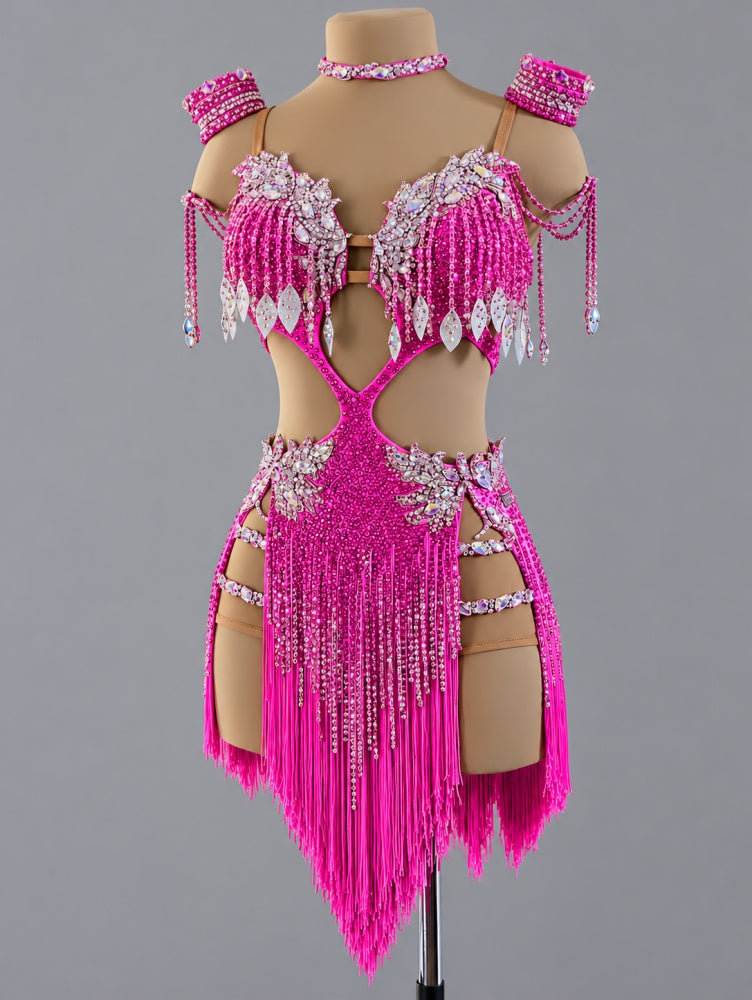 Custom Turquoise Latin Dance Competition Dress - Custom Rhythm & Salsa Fringe Gown