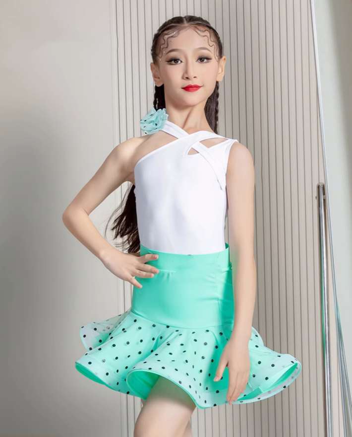 White mint green dot Latin dance Dresses for kids girls slant neck salsa chacha dance costumes class uniforms modern dance outfits - Moderndancedress.com