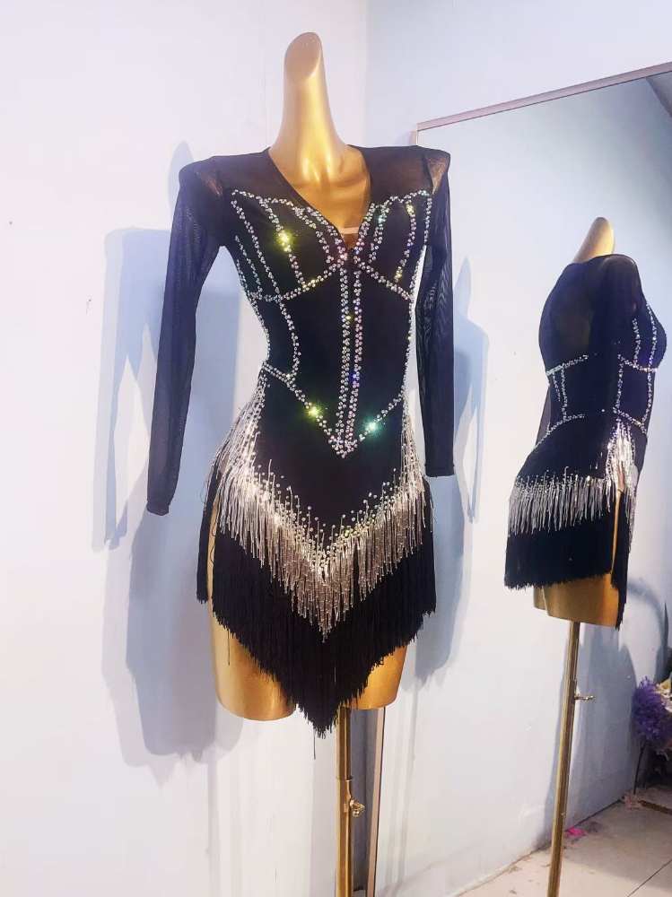 Custom Size Black Bling Fringe Latin Dance Dresses Salsa Rumba Blackpool Latin Dance Costume