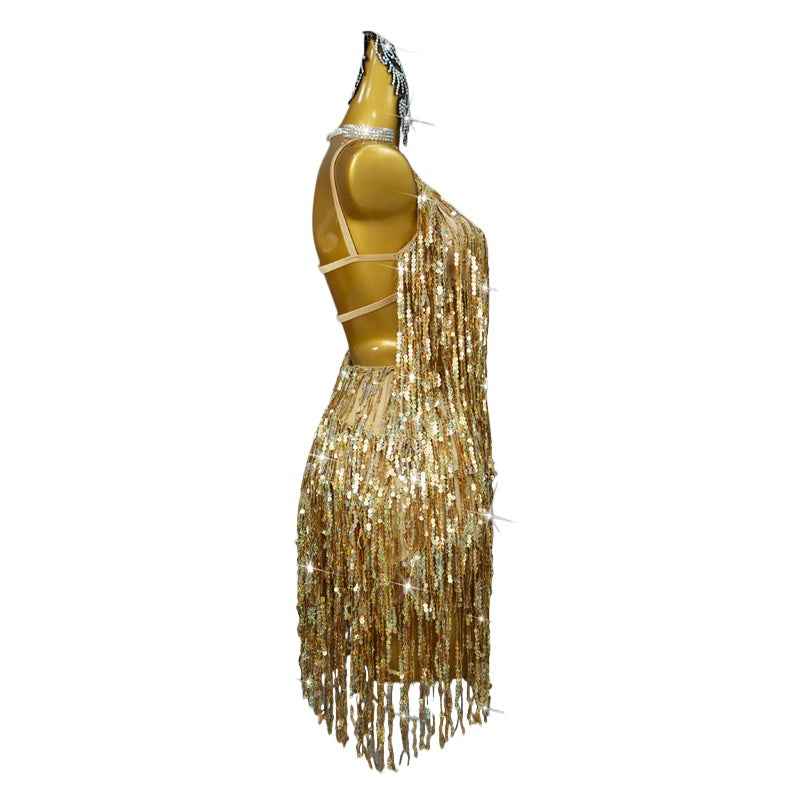 Gold Sequin Fringe Latin Dance Dresses for Women Girls Slant Neck Salsa Rumba Chacha Dance Skirts