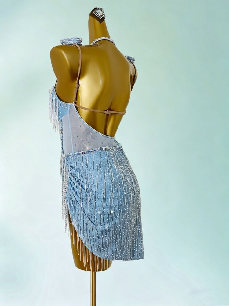 Custom Size Purple/Blue Fringe Latin Dance Dress with Rhinestones