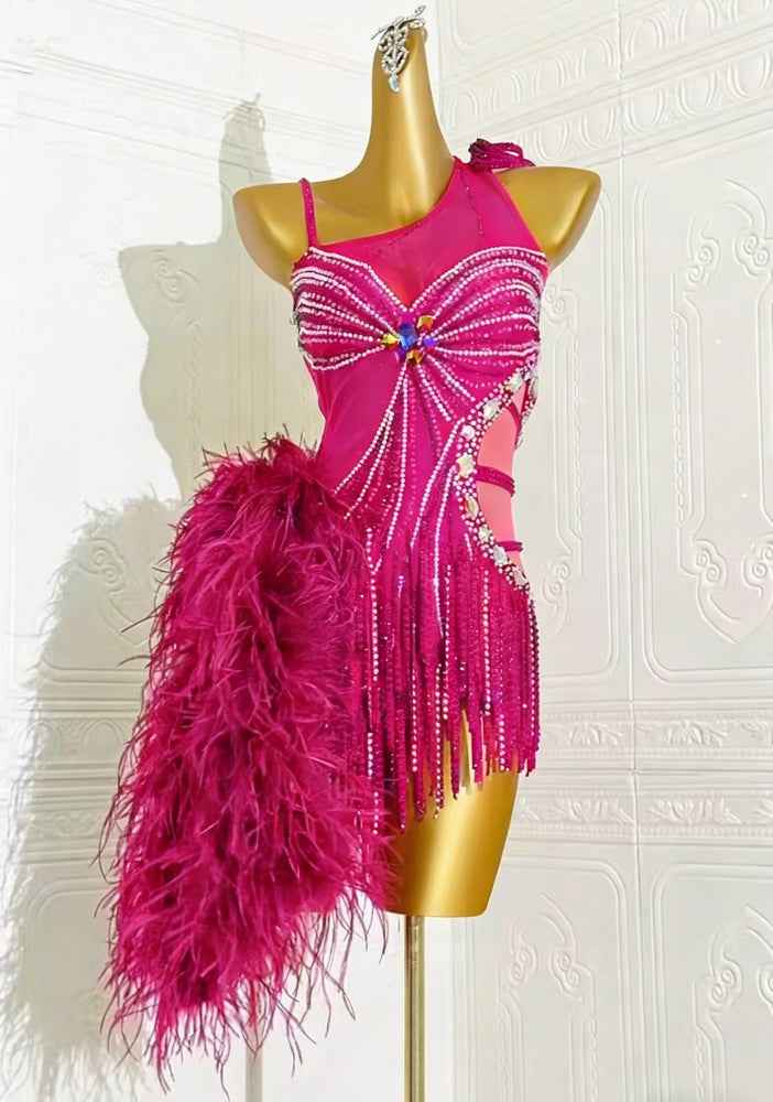 Custom Size Emerald Green Feather Latin Dance Dress, Rhinestone Samba Rumba Professional Rhythm Wear