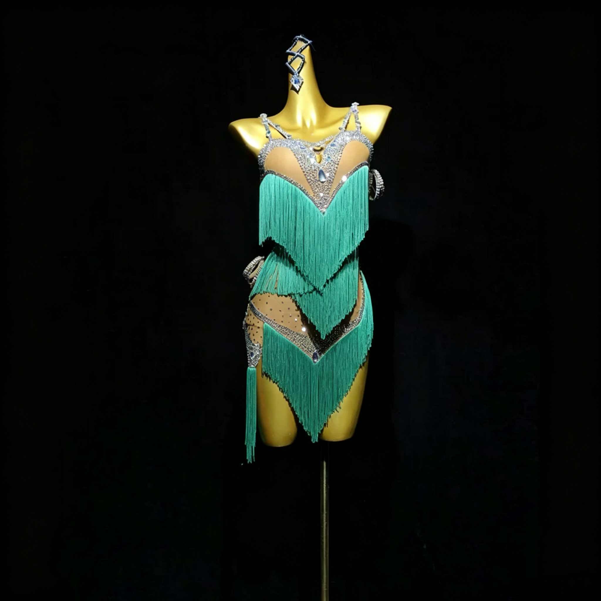Custom Size Competition Latin Dance Dress for Women Fuchsia Green Blue Fringe Blackpool Dance Gown