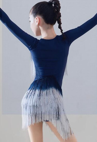 Navy Hot Pink Blue Gradient Fringe Long Sleeves Latin Dance Dresses for Girls Kids Salsa Rumba Chacha Party Performance Outfits for Children - Moderndancedress.com