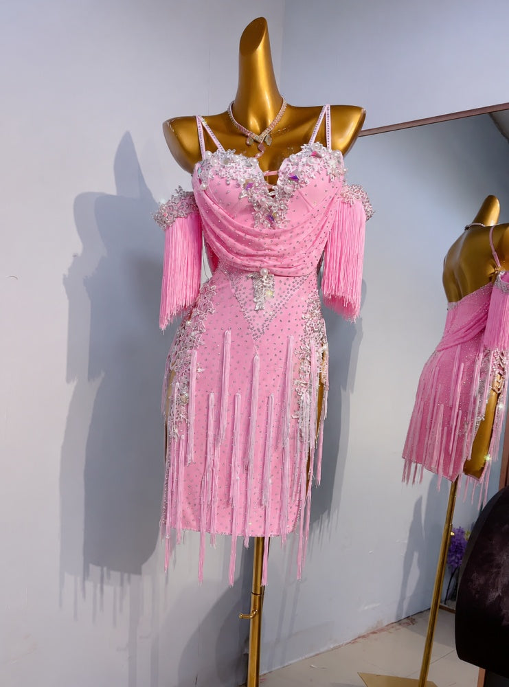 Custom Light Pink Latin Competition Dress with Draped Bodice & Rhinestone Fringe