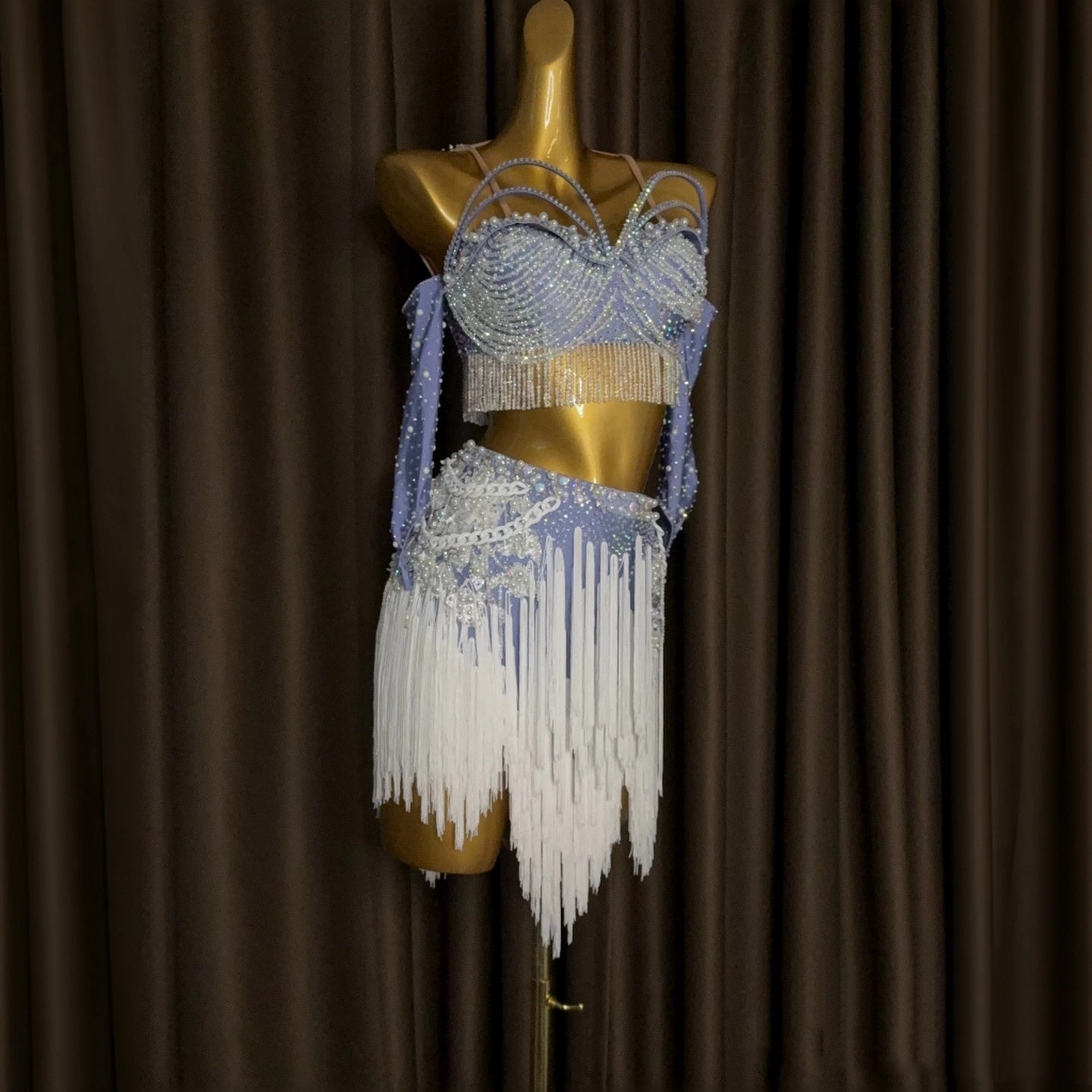 Custom Size Blue Fuchsia White Fringe Competition Latin Dance Dress Crystal Blackpool Dance Wear