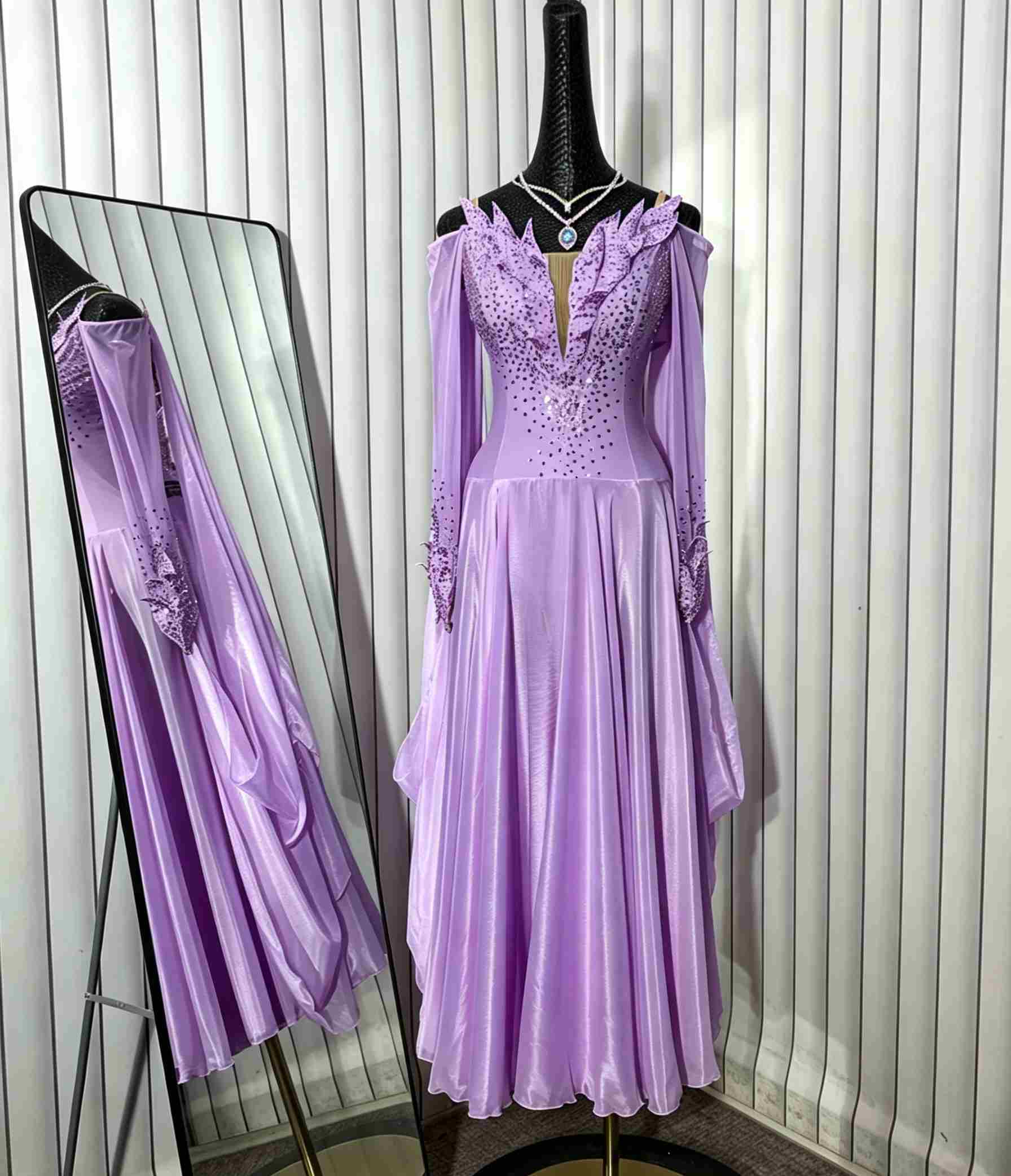 Custom Black Petals American Smooth Dance Dress Standard Waltz Ballroom Tango Gown