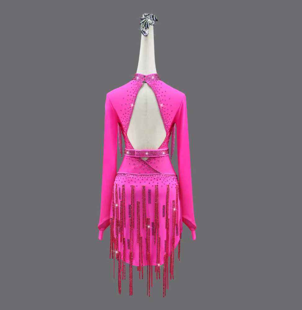 Custom Size Hot Pink Latin Dance Dresses Bling Fringes Long-sleeved