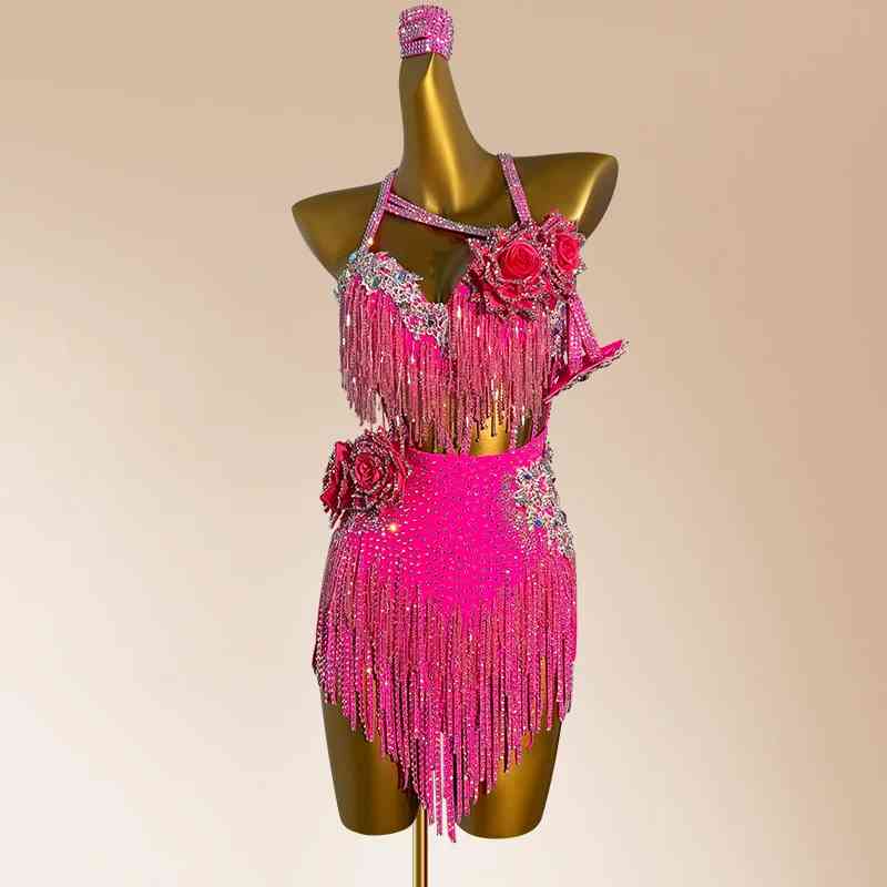 Custom Size Hot Pink Latin Dance Dresses for Women Girls Salsa Rumba Blackpool Competition Costumes