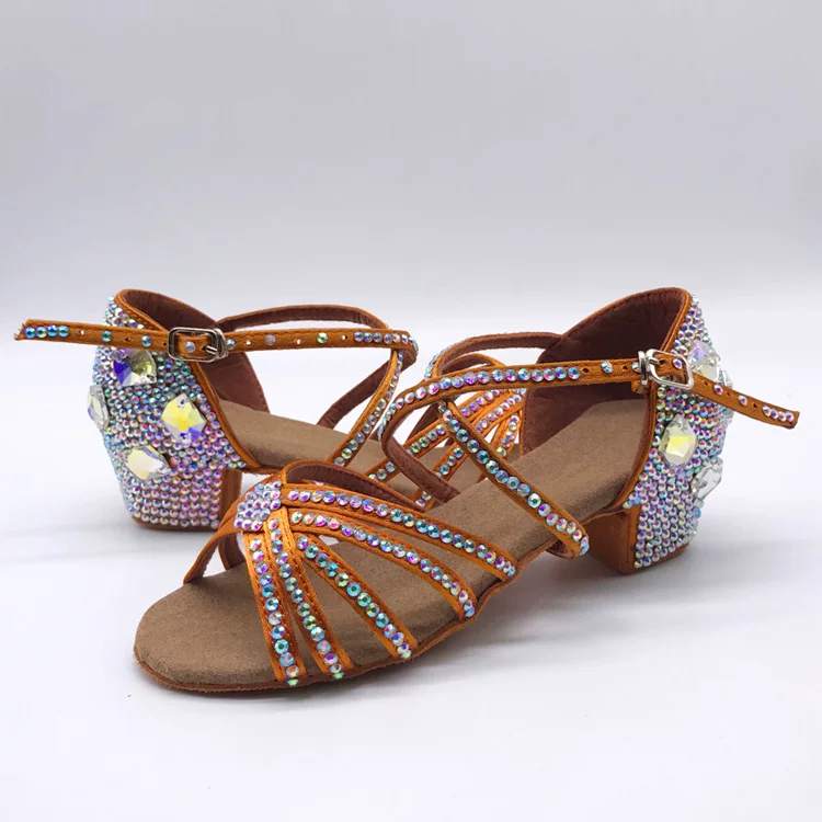 Girls Rhinestone Latin Dance Shoes - Bronze Satin Low Heel