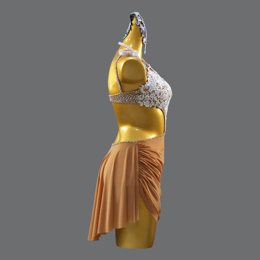 Caramel Rhinestone Latin Dress - Cut-out Ballroom Dancewear