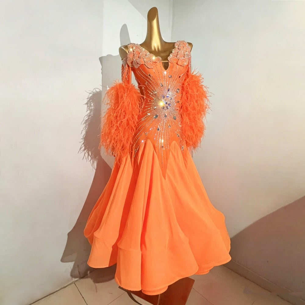 Custom Size Orange Feather Ballroom Dance Dress - Professional Waltz Competition Gown