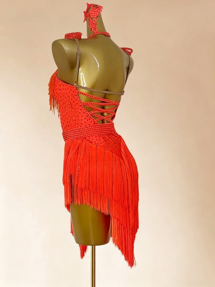 Custom Size Orange Fringe Competition Latin Dress with Crystal Rhinestones Salsa Chacha Performance Clothing