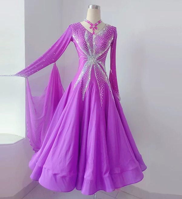 Customized Purple Competition Ballroom Dance Dress Waltz Foxtort Dance Long Gown