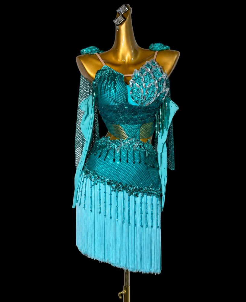 Custom Turquoise Fringe Competition Latin Dance Dress with Rhinestones Salsa Chacha Costume