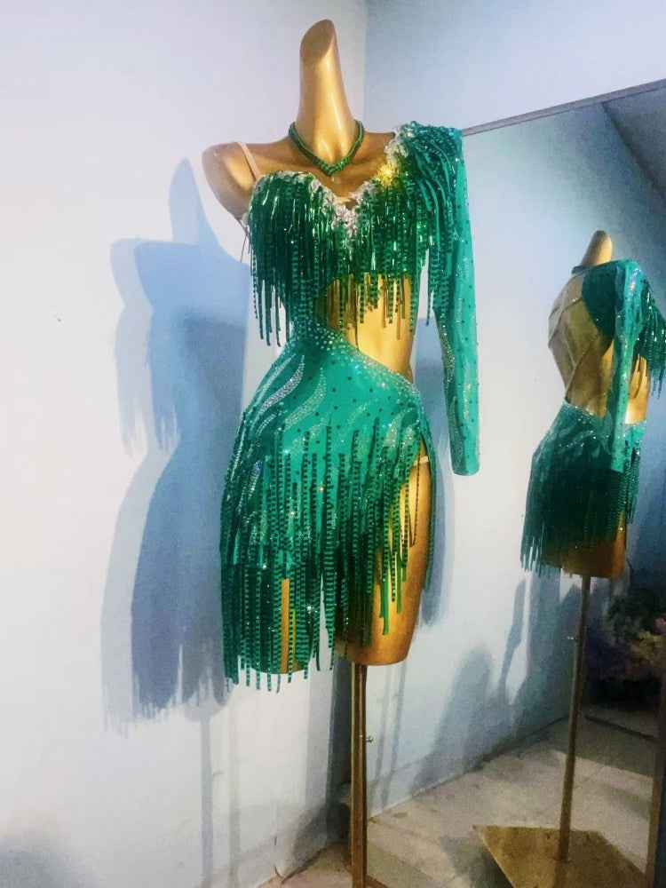 Custom Size Blue Competition Latin Dance Dresses Green Salsa Rumba Chacha Latin Dance Costumes
