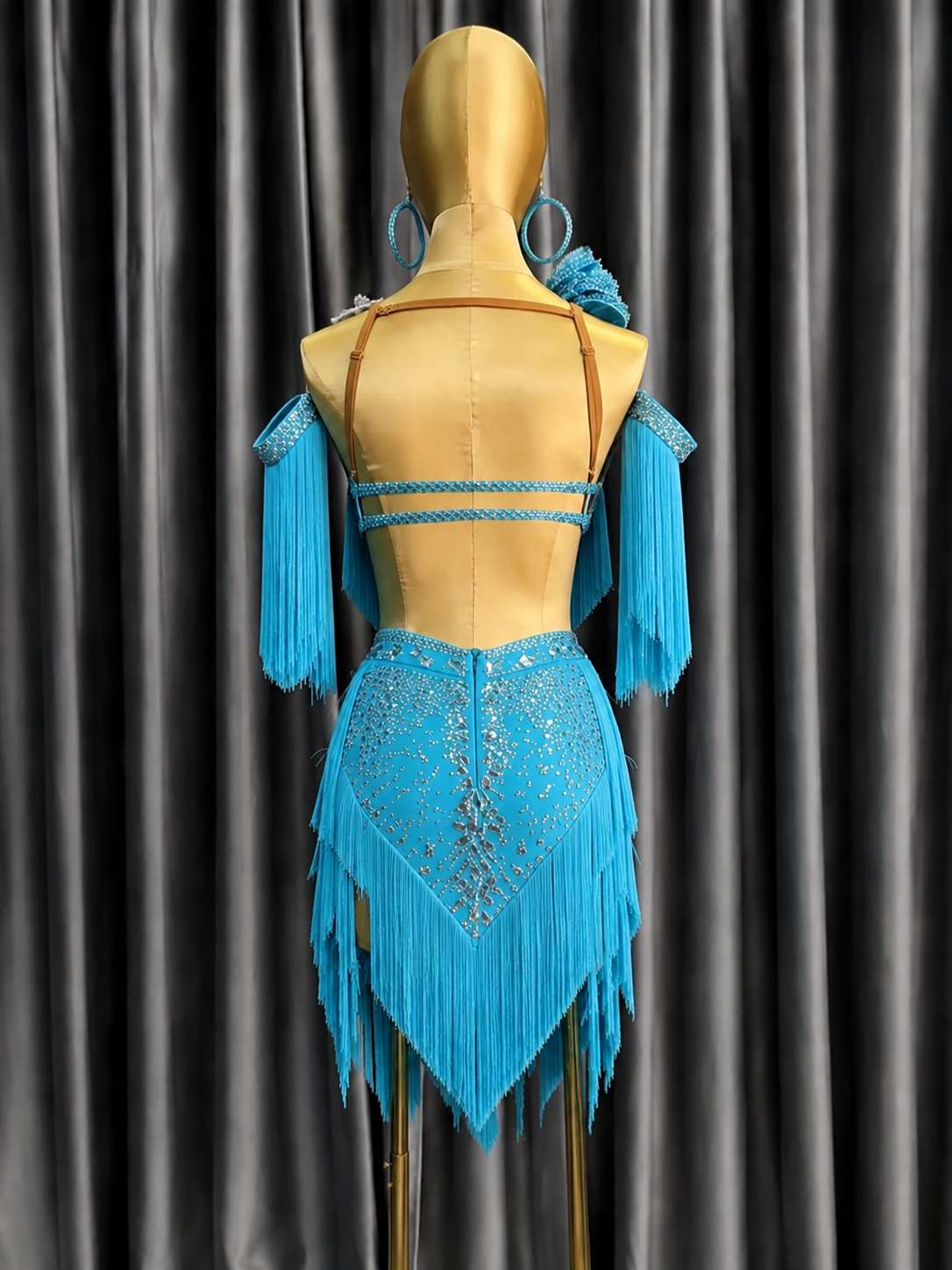 Custom Turquoise & Orange  Latin Competition Dress Sparkling Fringe Tassel Style