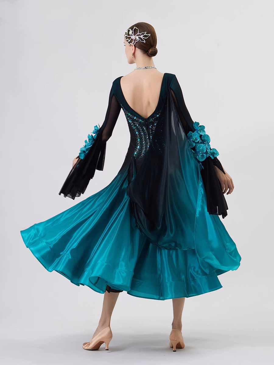 Custom Size Blue Competition Ballroom Dance Dresses for Women Pearl Chiffon National Waltz Tango Long Gown - Moderndancedress.com