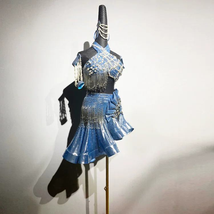 Custom Metallic Blue Latin Performance Dress - Ruffle Skirt & Beaded Fringe Ballroom Wear