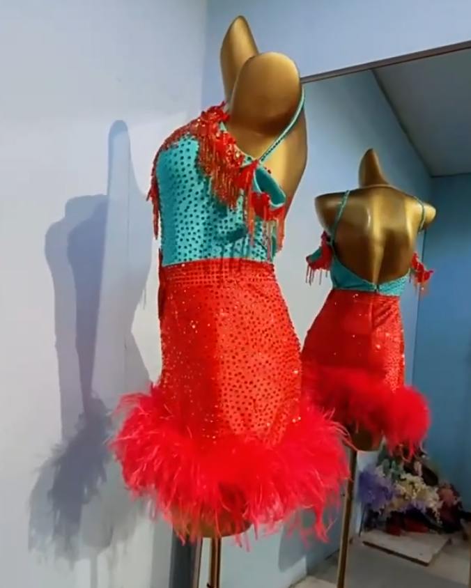 Custom Size Red Blue Competition Latin Dance Dresses Feather Crystal Bing Salsa Rumba Chacha Dancing Costumes - Moderndancedress.com