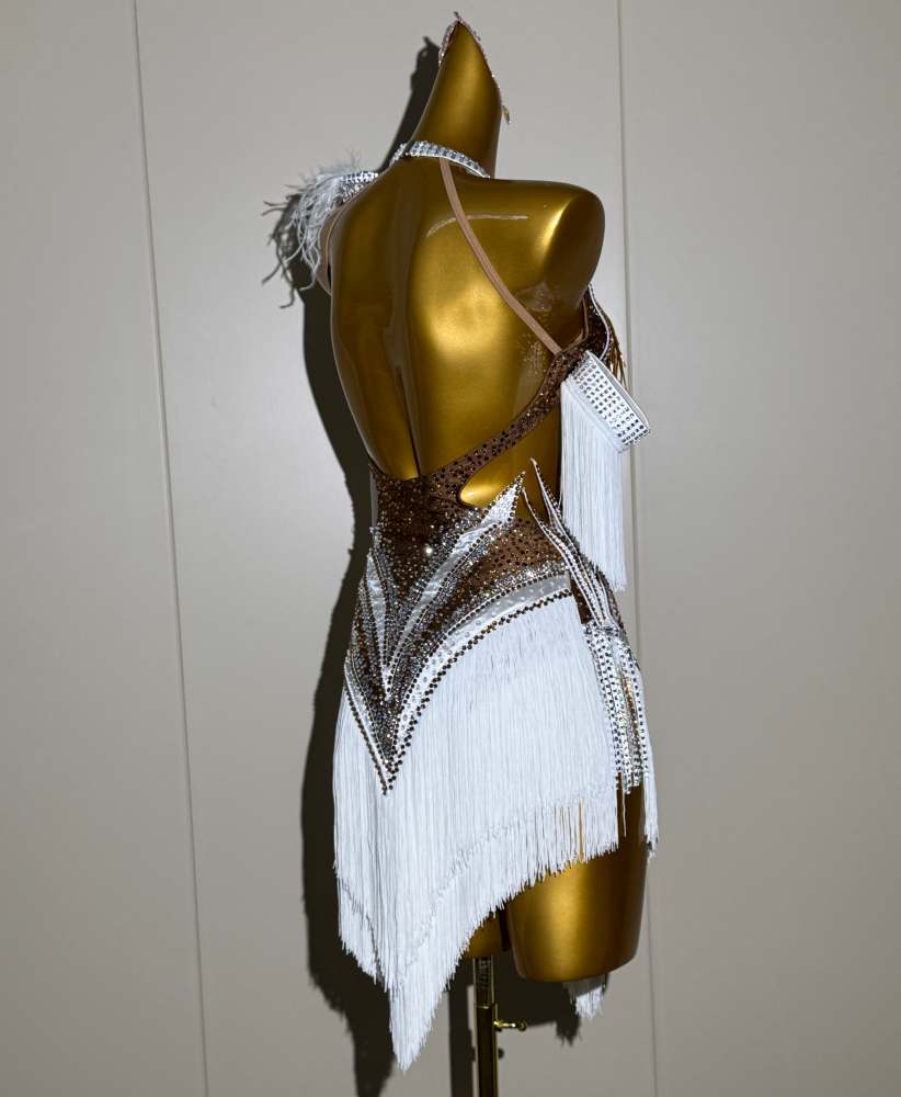 Custom Neon Yellow Latin Dance Dress with Gold Tassels & Crystals